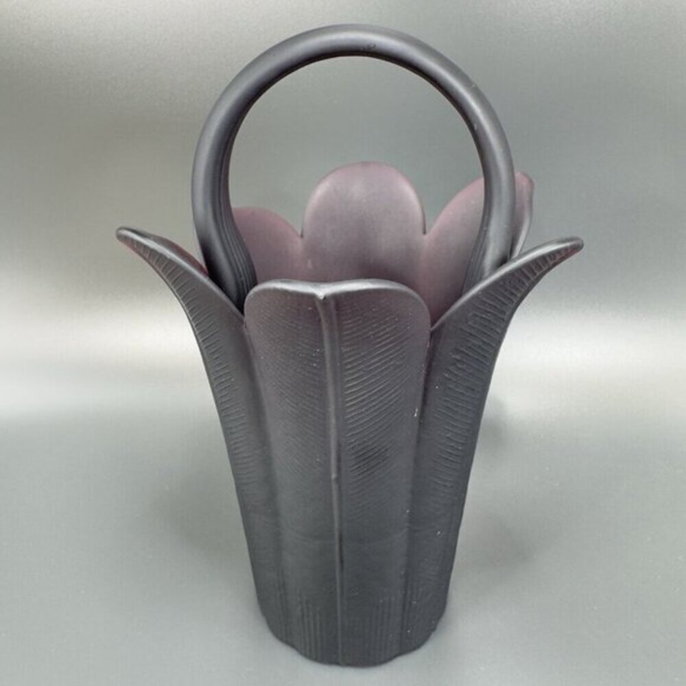 Mikasa Frosted Plum Purple Glass Vase Basket Bowl Flower Shaped Japan Satin VTG